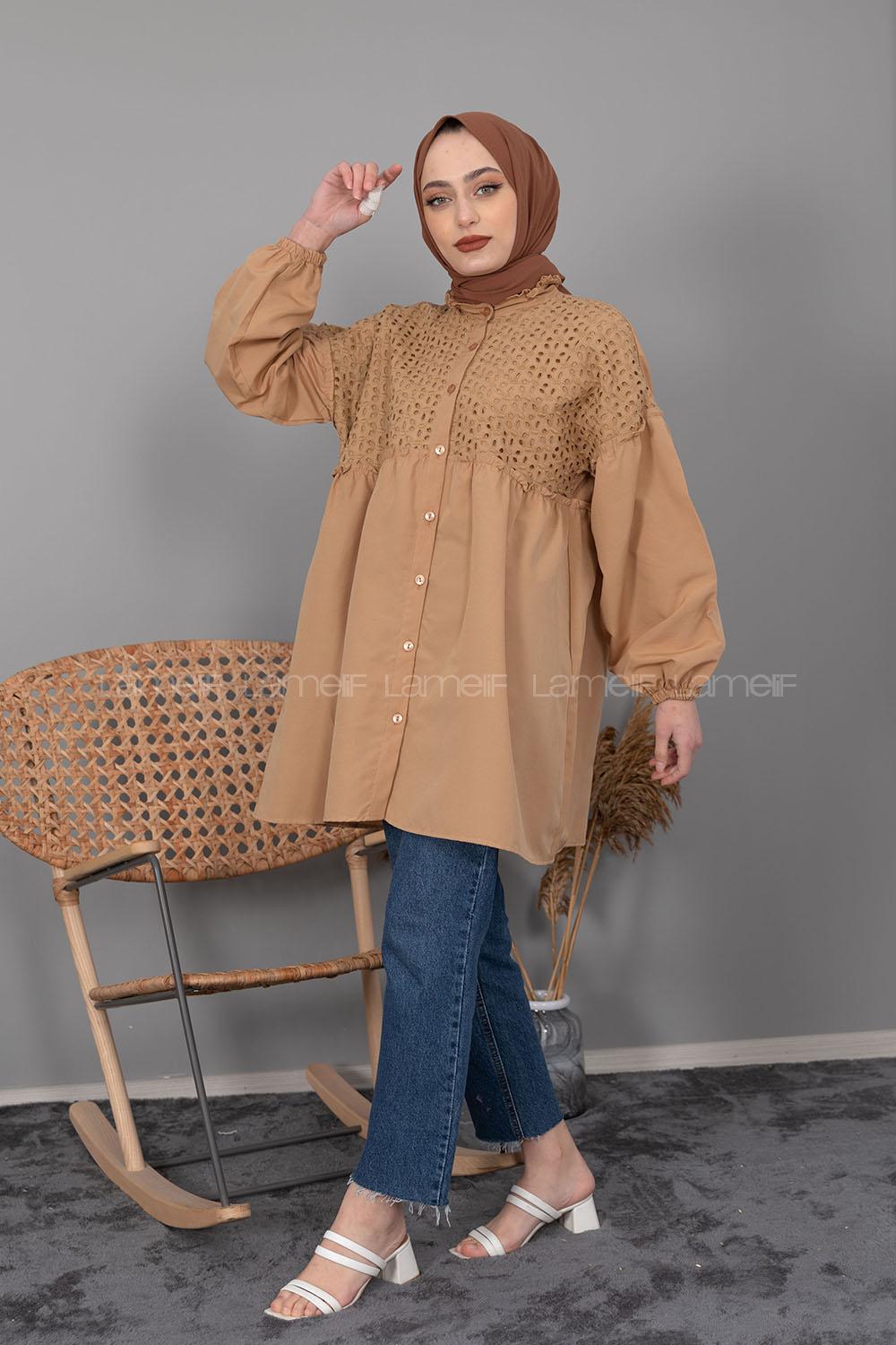 Modalamelif Önü Güpürlü Gömlek Camel