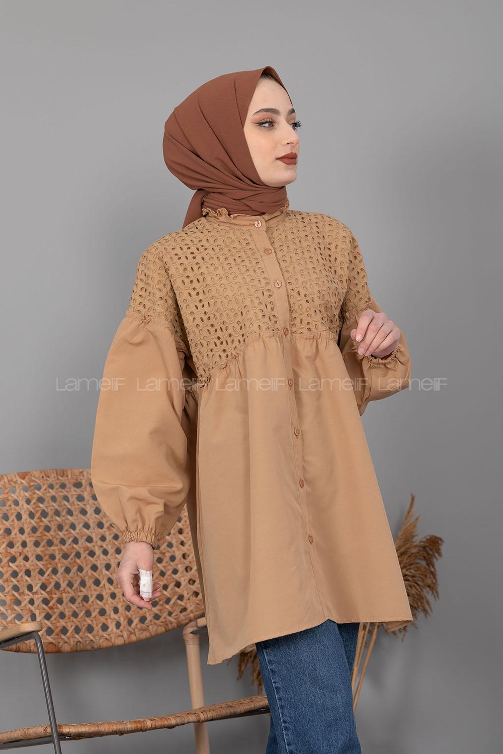 Modalamelif Önü Güpürlü Gömlek Camel