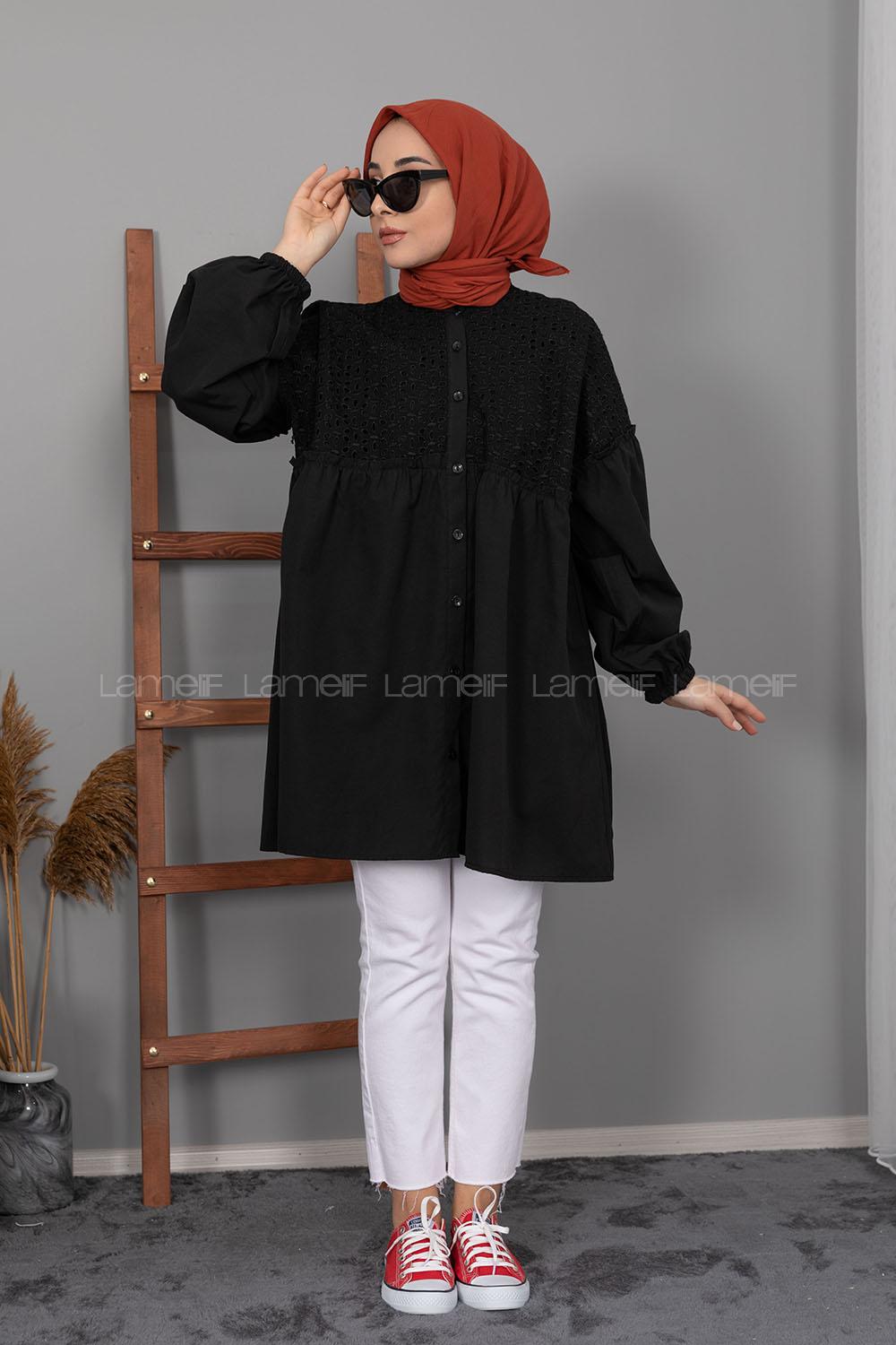 Modalamelif Önü Güpürlü Gömlek Siyah