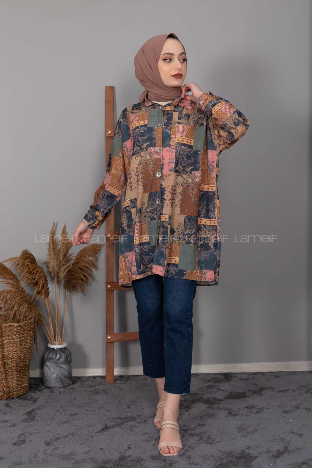 Modalamelif Şal Desen Dijital Baskı Gömlek Lacivert