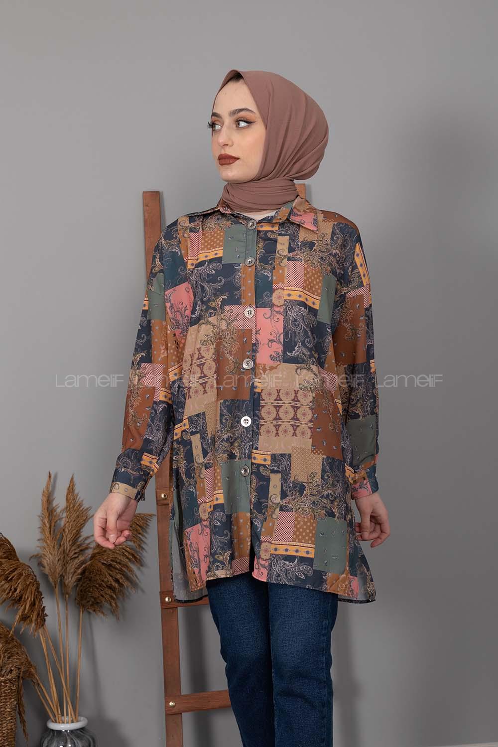 Modalamelif Şal Desen Dijital Baskı Gömlek Lacivert