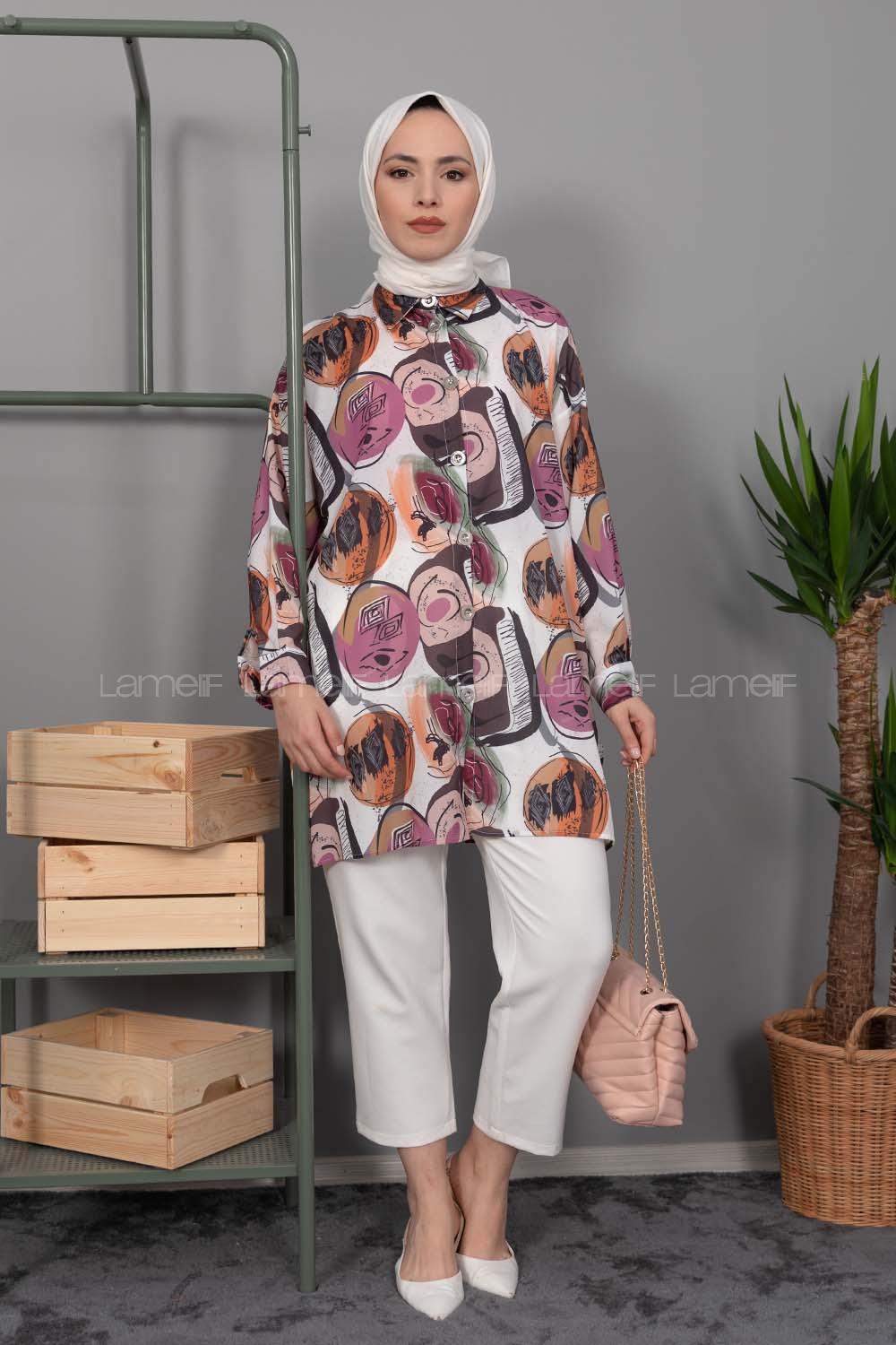 Modalamelif Şal Desen Dijital Baskı Gömlek Mürdüm