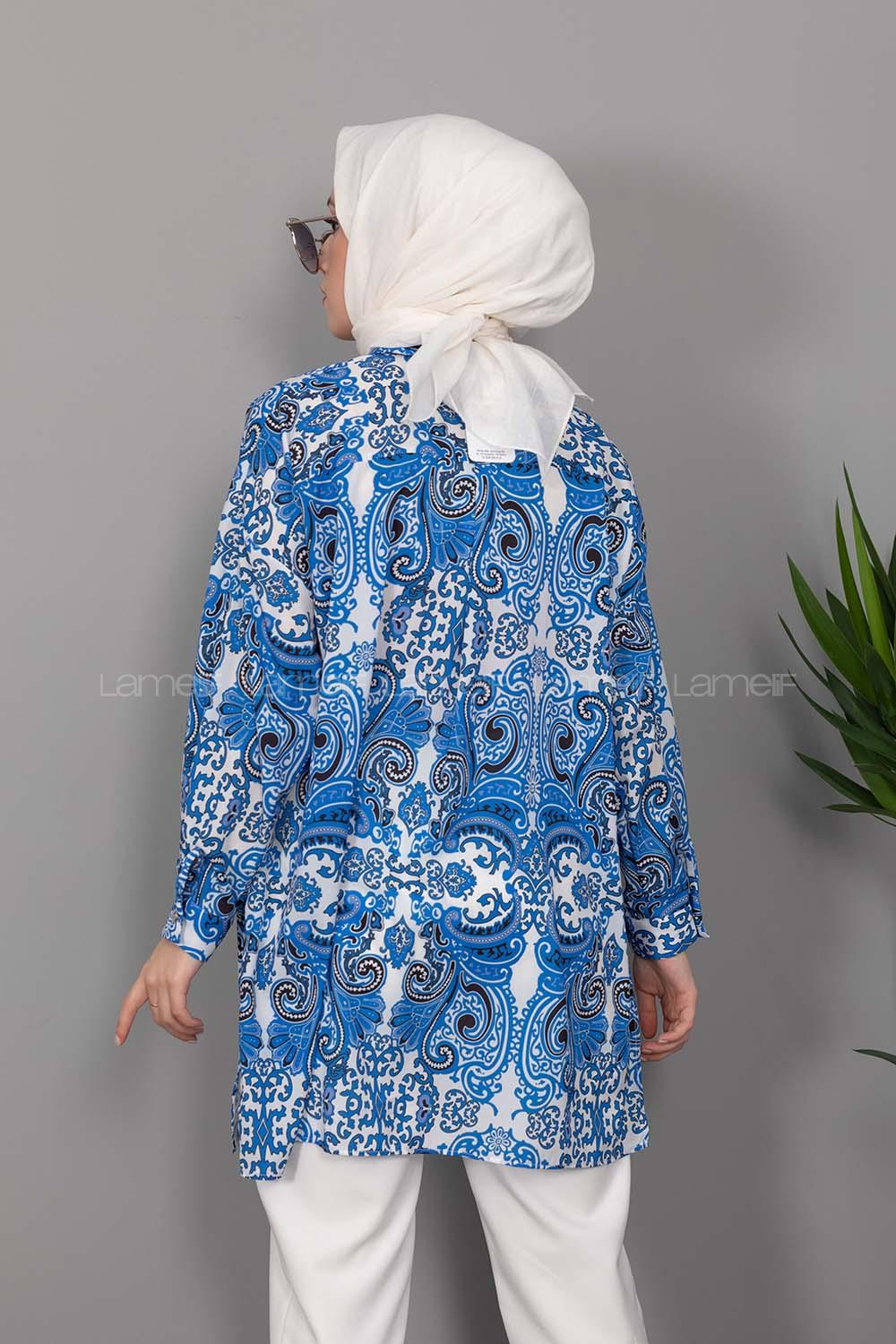 Modalamelif Şal Desen Dijital Baskı Gömlek Saks Mavisi