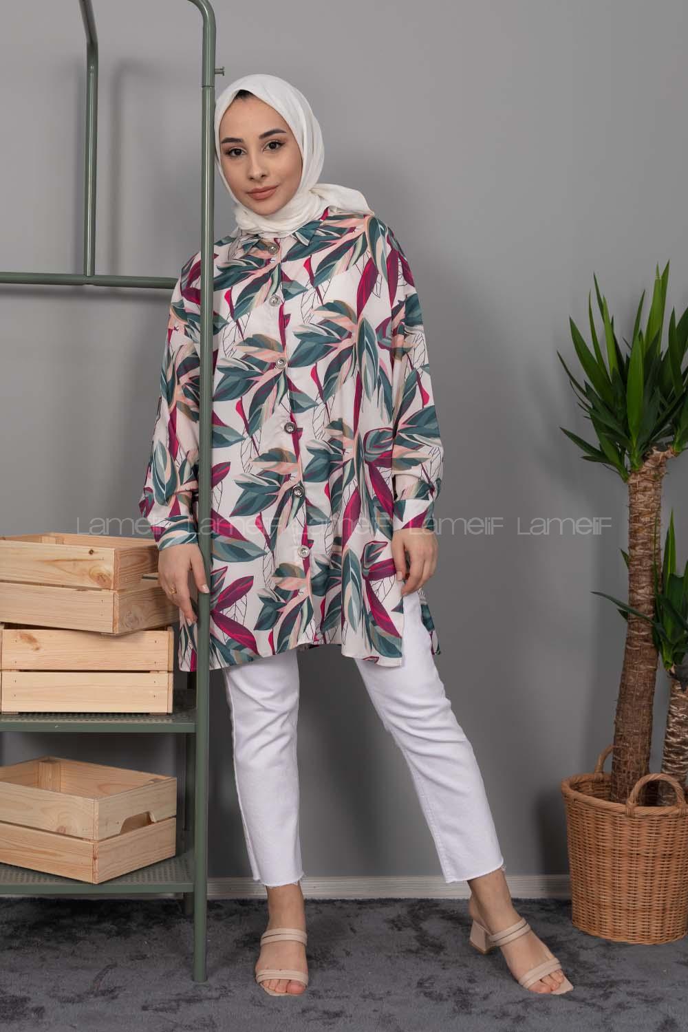 Modalamelif Yaprak Desen Dijital Baskı Gömlek Pastel Pudra