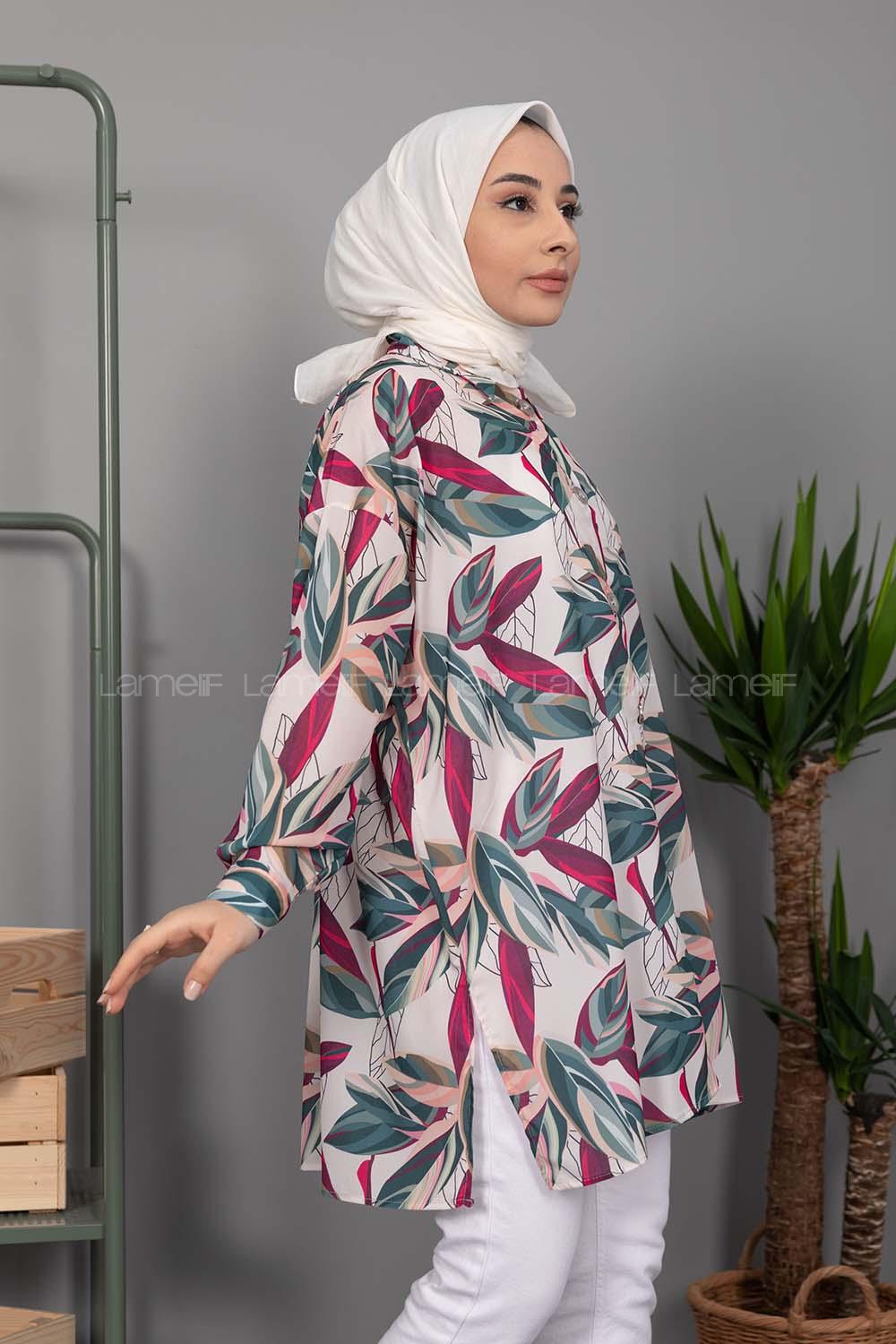 Modalamelif Yaprak Desen Dijital Baskı Gömlek Pastel Pudra