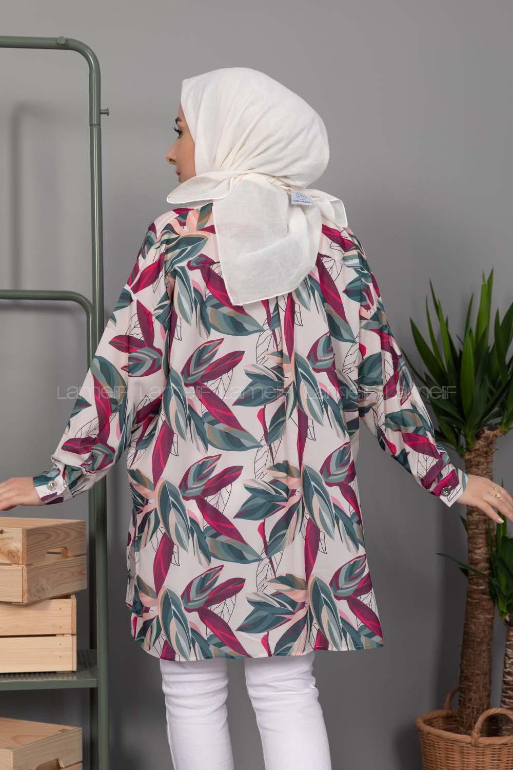 Modalamelif Yaprak Desen Dijital Baskı Gömlek Pastel Pudra