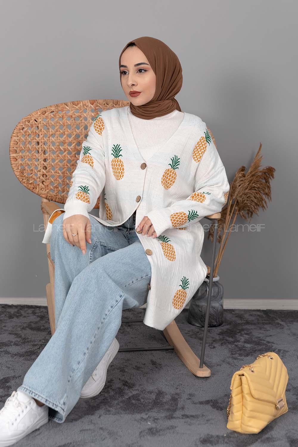 Modalamelif Ananas Desenli Hırka Beyaz