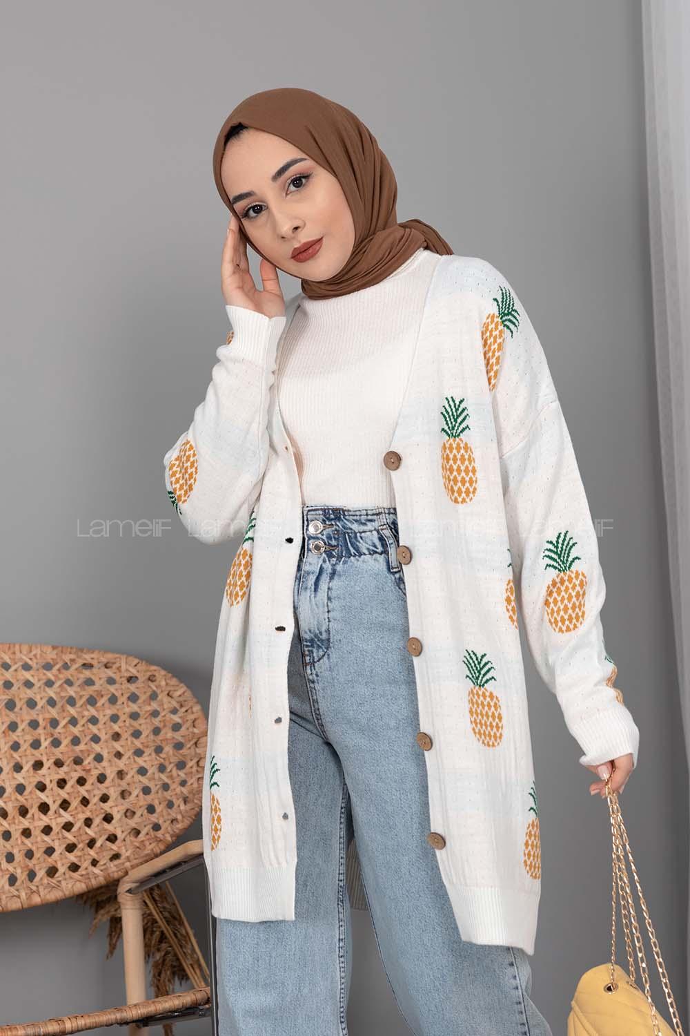 Modalamelif Ananas Desenli Hırka Beyaz