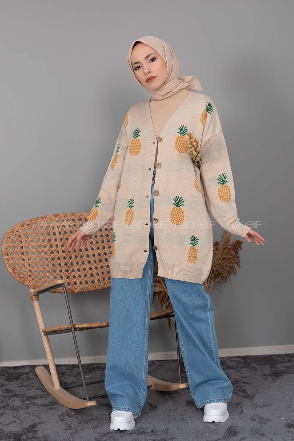 Modalamelif Ananas Desenli Hırka Krem