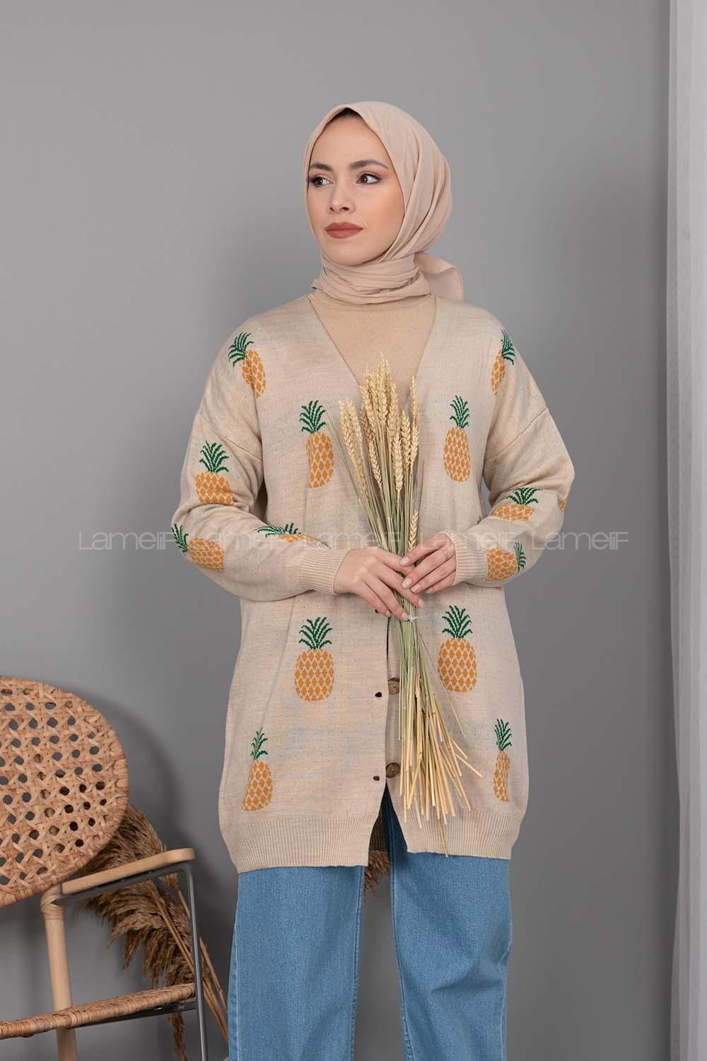 Modalamelif Ananas Desenli Hırka Krem