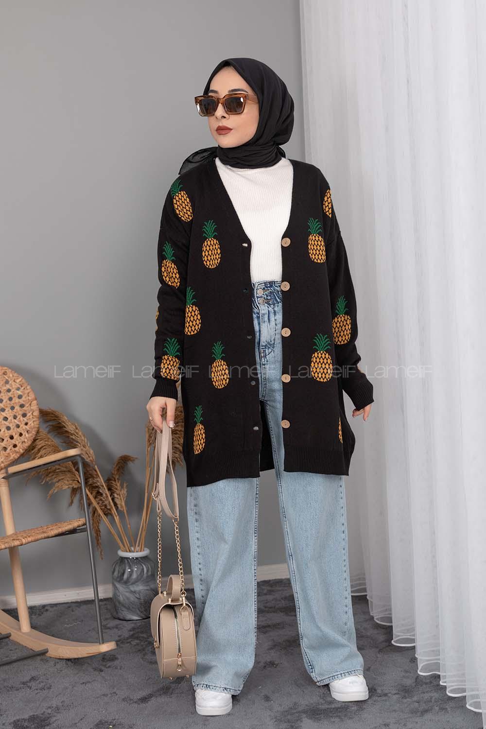 Modalamelif Ananas Desenli Hırka Siyah