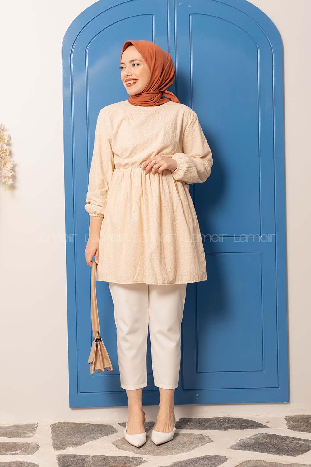 Modalamelif Bel Lastikli Dantel Detay Tunik Bej