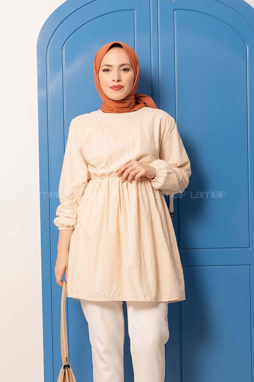 Modalamelif Bel Lastikli Dantel Detay Tunik Bej