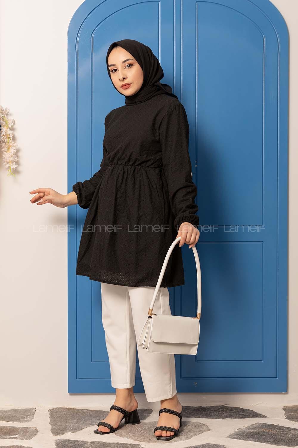 Modalamelif Bel Lastikli Dantel Detay Tunik Siyah