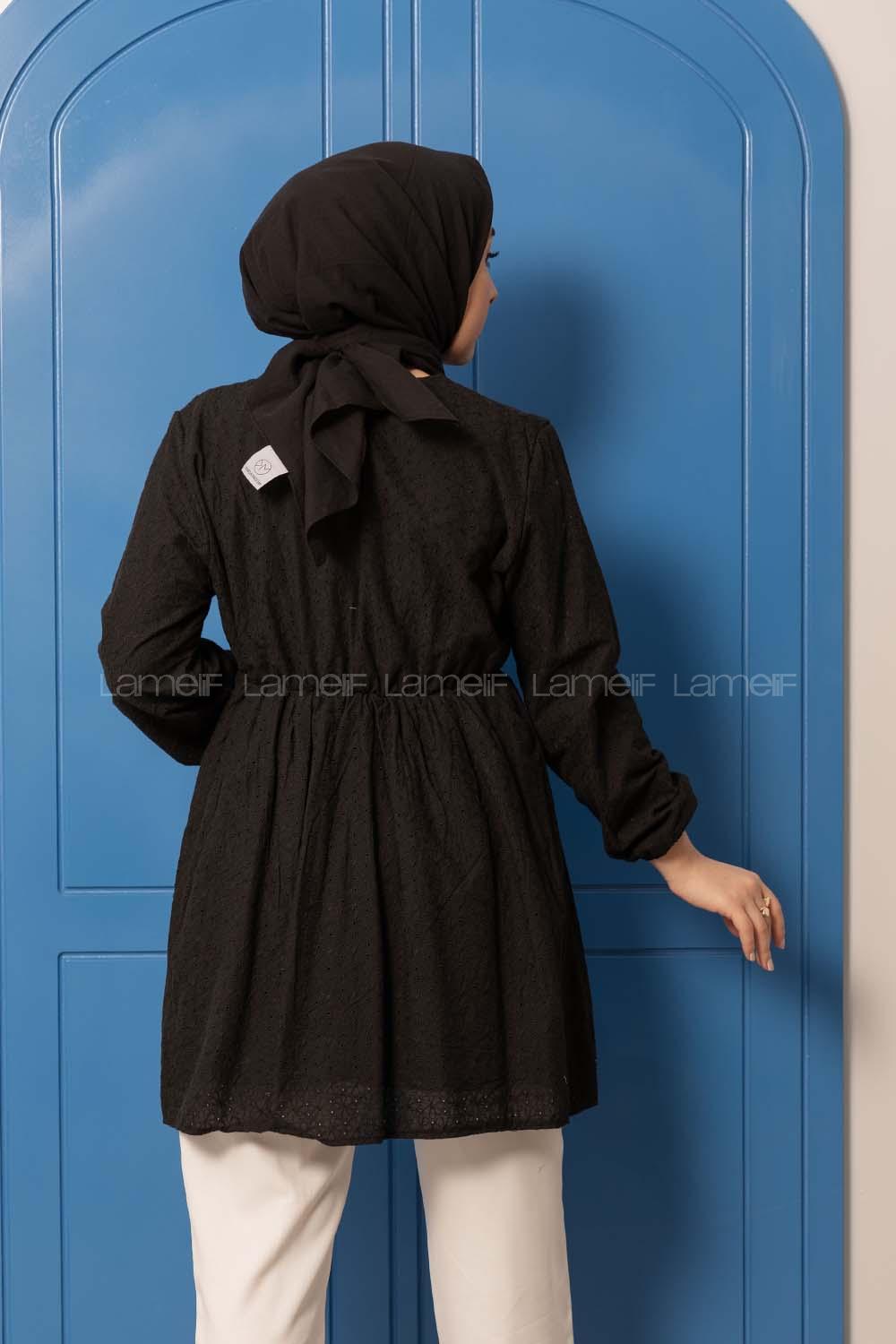 Modalamelif Bel Lastikli Dantel Detay Tunik Siyah