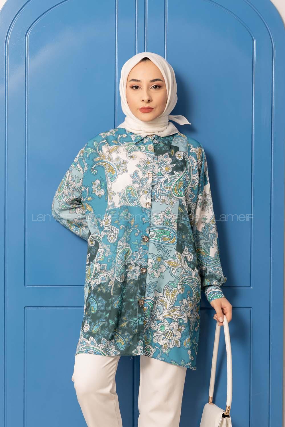 Modalamelif Çiçek Desen Dijital Baskı Gömlek Açık Mavi