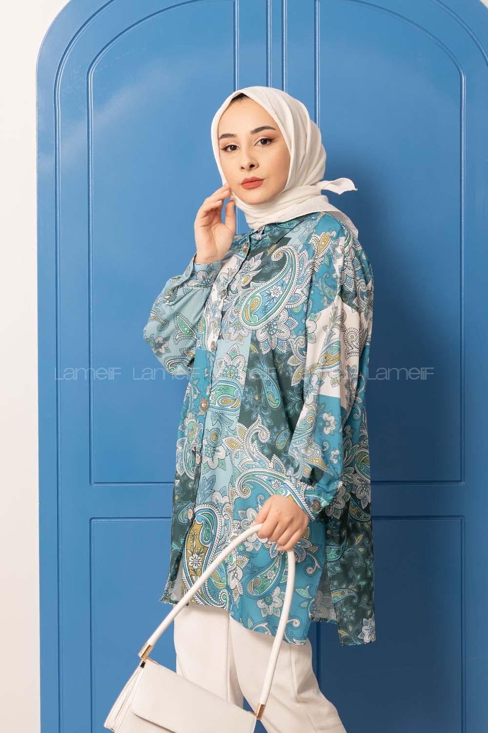 Modalamelif Çiçek Desen Dijital Baskı Gömlek Açık Mavi