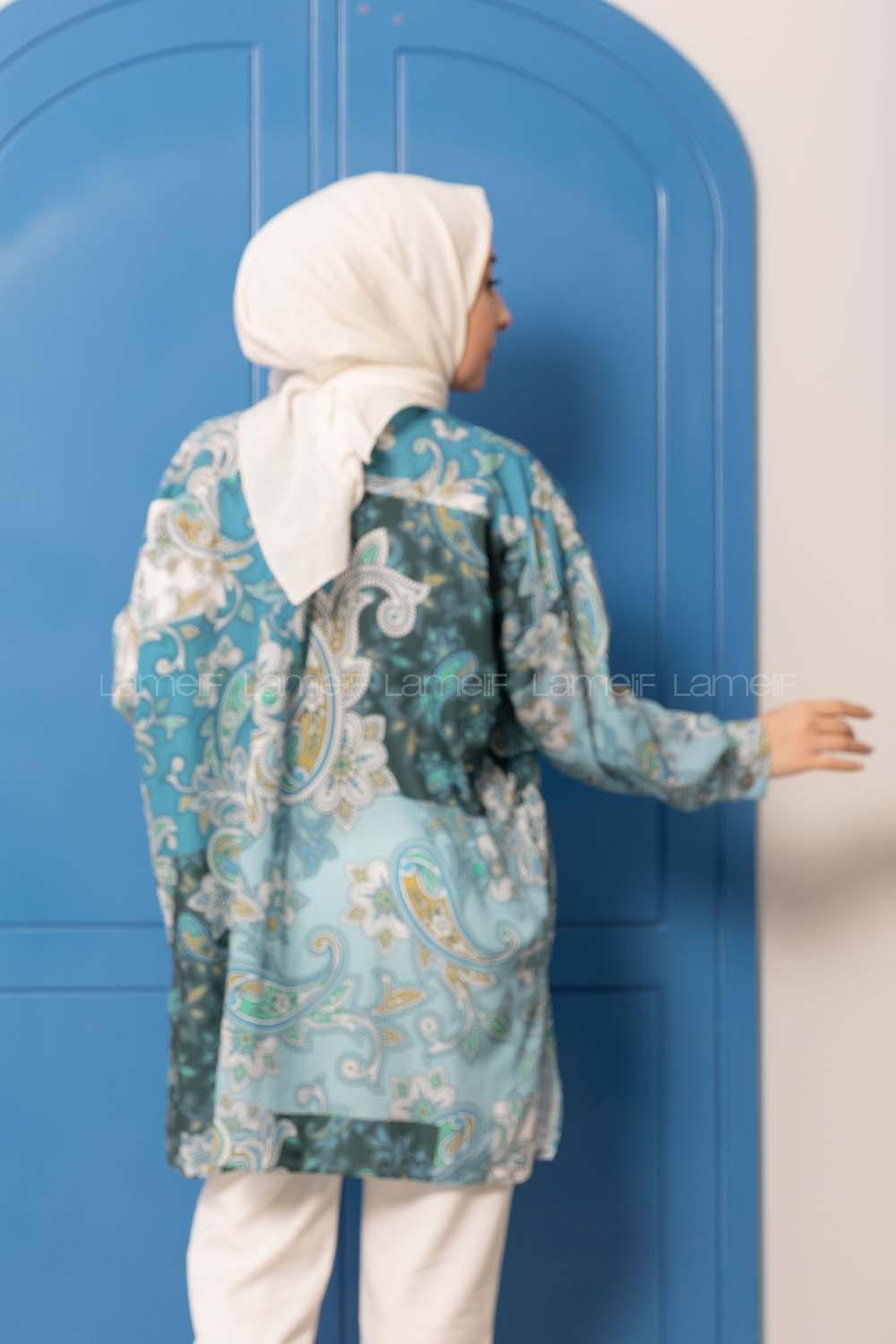 Modalamelif Çiçek Desen Dijital Baskı Gömlek Açık Mavi