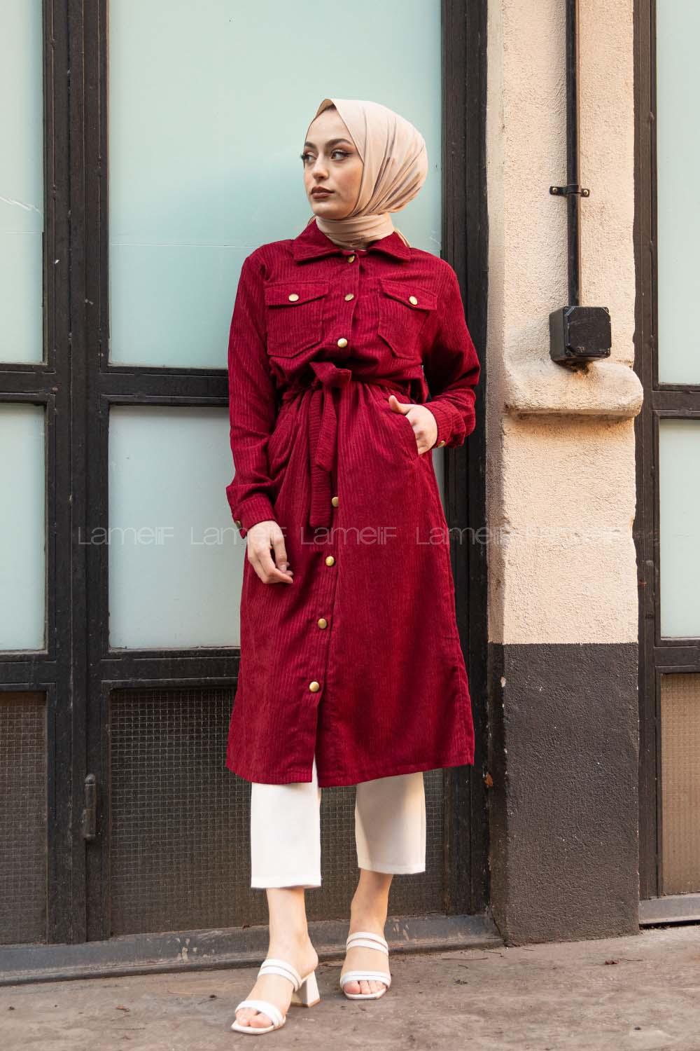 Modalamelif Çİft Cepli Kadife Kap Bordo