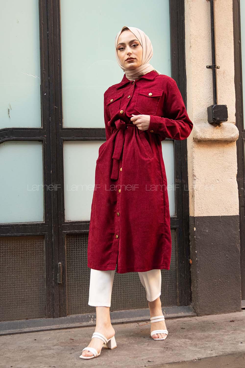 Modalamelif Çİft Cepli Kadife Kap Bordo