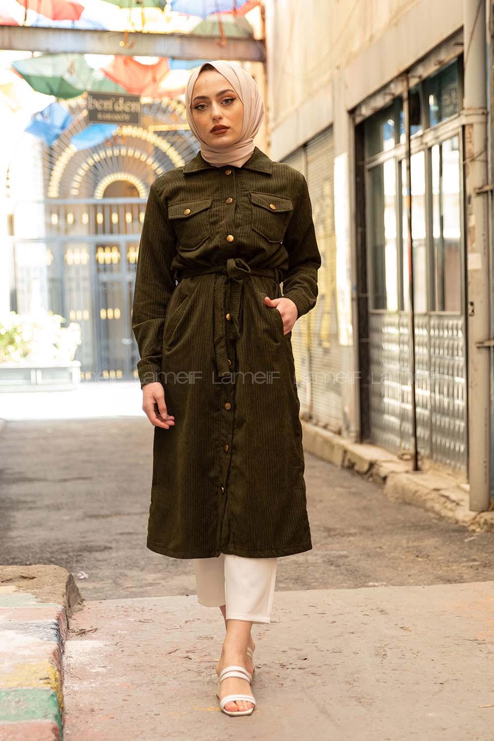 Modalamelif Çİft Cepli Kadife Kap Haki