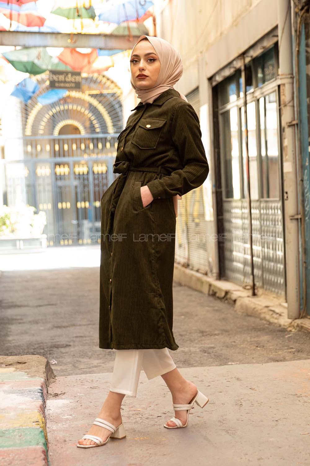 Modalamelif Çİft Cepli Kadife Kap Haki