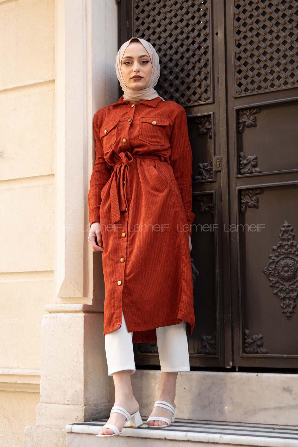 Modalamelif Çİft Cepli Kadife Kap Kiremit