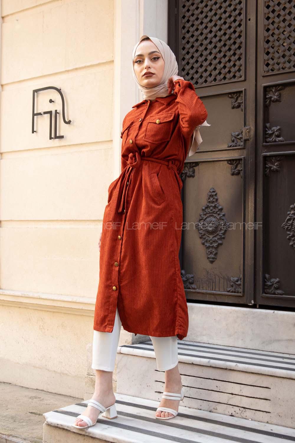 Modalamelif Çİft Cepli Kadife Kap Kiremit