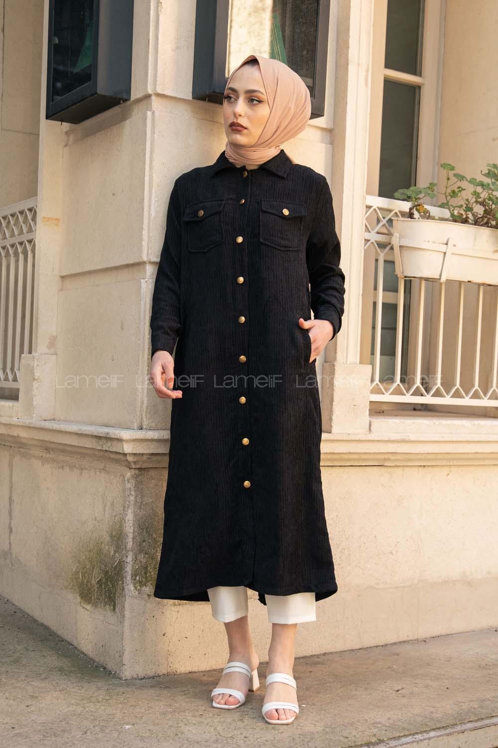 Modalamelif Çİft Cepli Kadife Kap Siyah