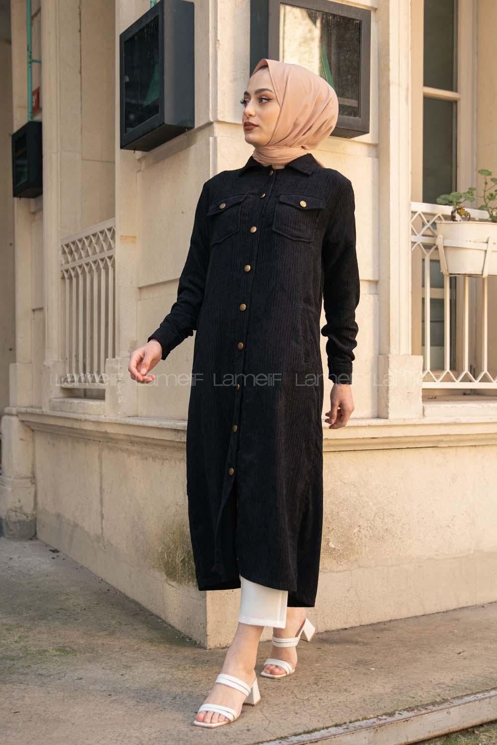 Modalamelif Çİft Cepli Kadife Kap Siyah