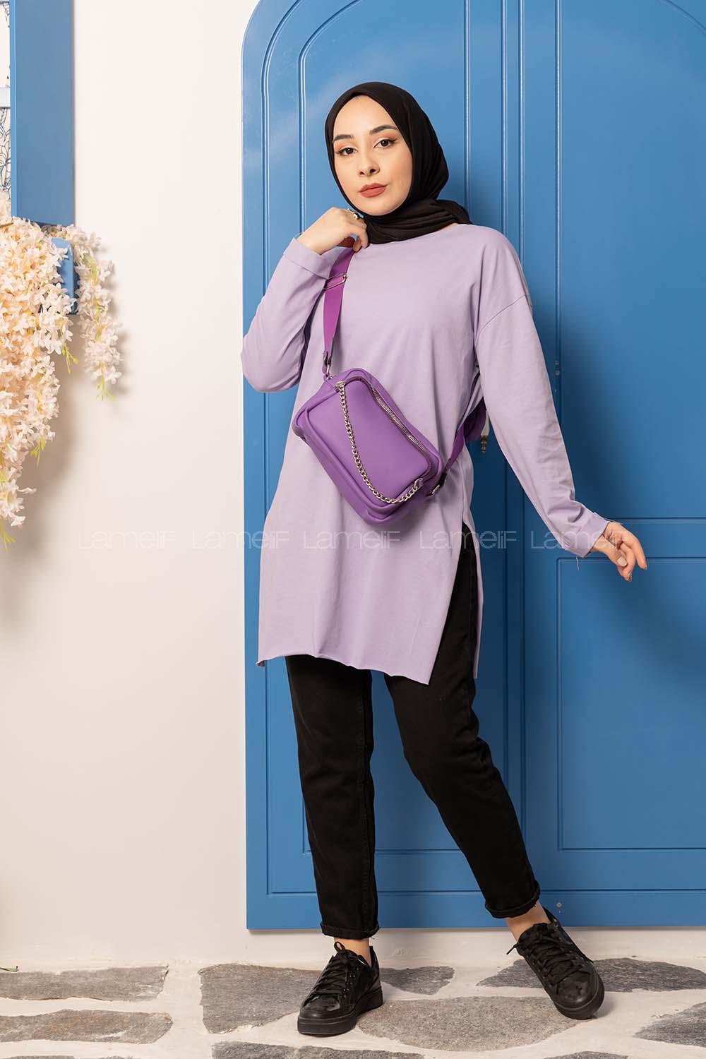 Modalamelif Düz Renk Yırtmaçlı Sweatshirt Lila