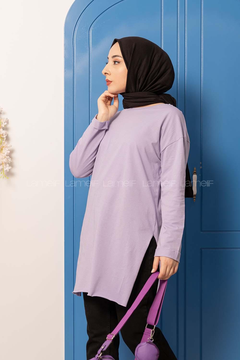 Modalamelif Düz Renk Yırtmaçlı Sweatshirt Lila