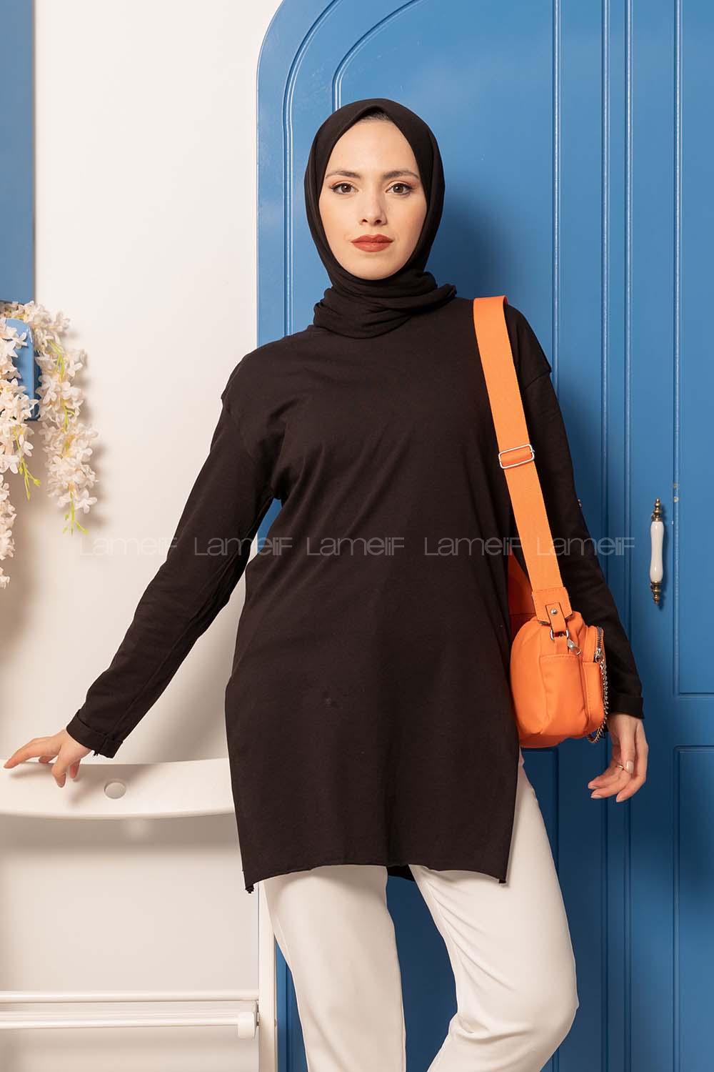 Modalamelif Düz Renk Yırtmaçlı Sweatshirt Siyah