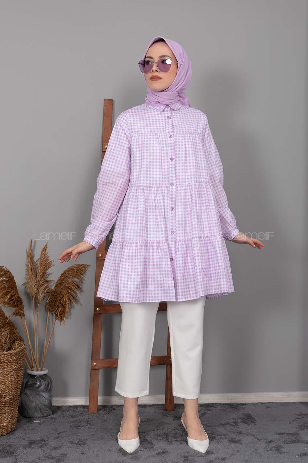 Modalamelif Ekose Fırfırlı Gömlek Lila