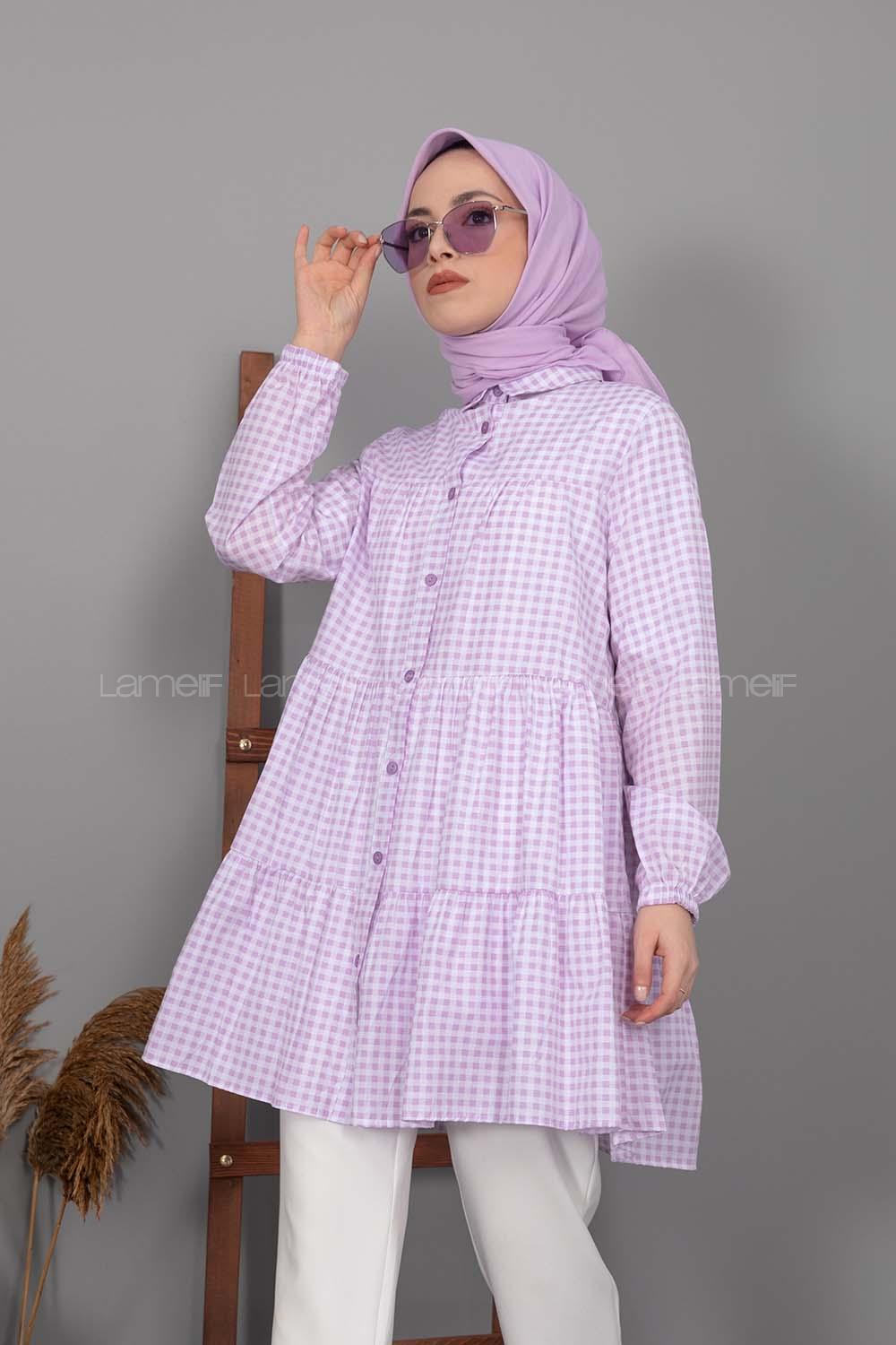 Modalamelif Ekose Fırfırlı Gömlek Lila