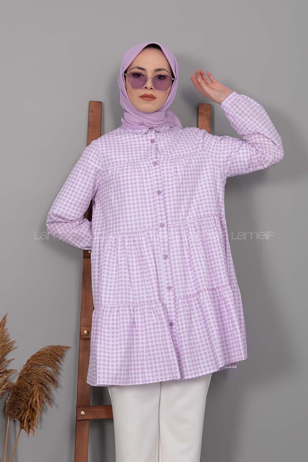 Modalamelif Ekose Fırfırlı Gömlek Lila