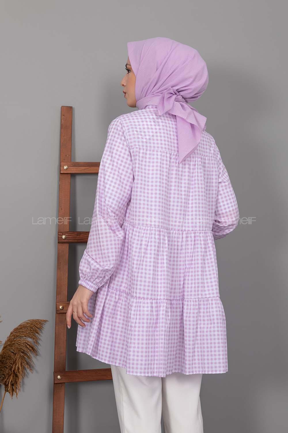 Modalamelif Ekose Fırfırlı Gömlek Lila