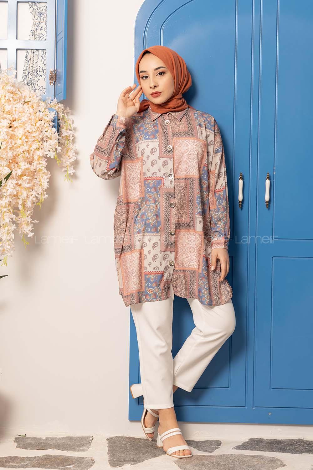 Modalamelif Kilim Desen Dijital Baskı Gömlek Pudra