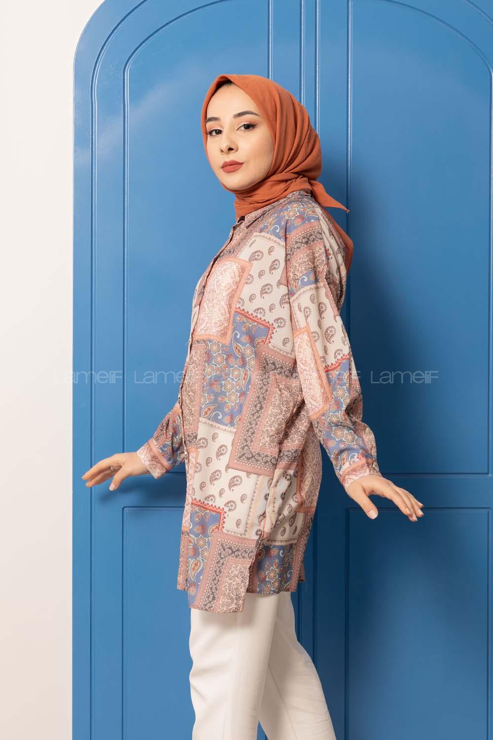 Modalamelif Kilim Desen Dijital Baskı Gömlek Pudra