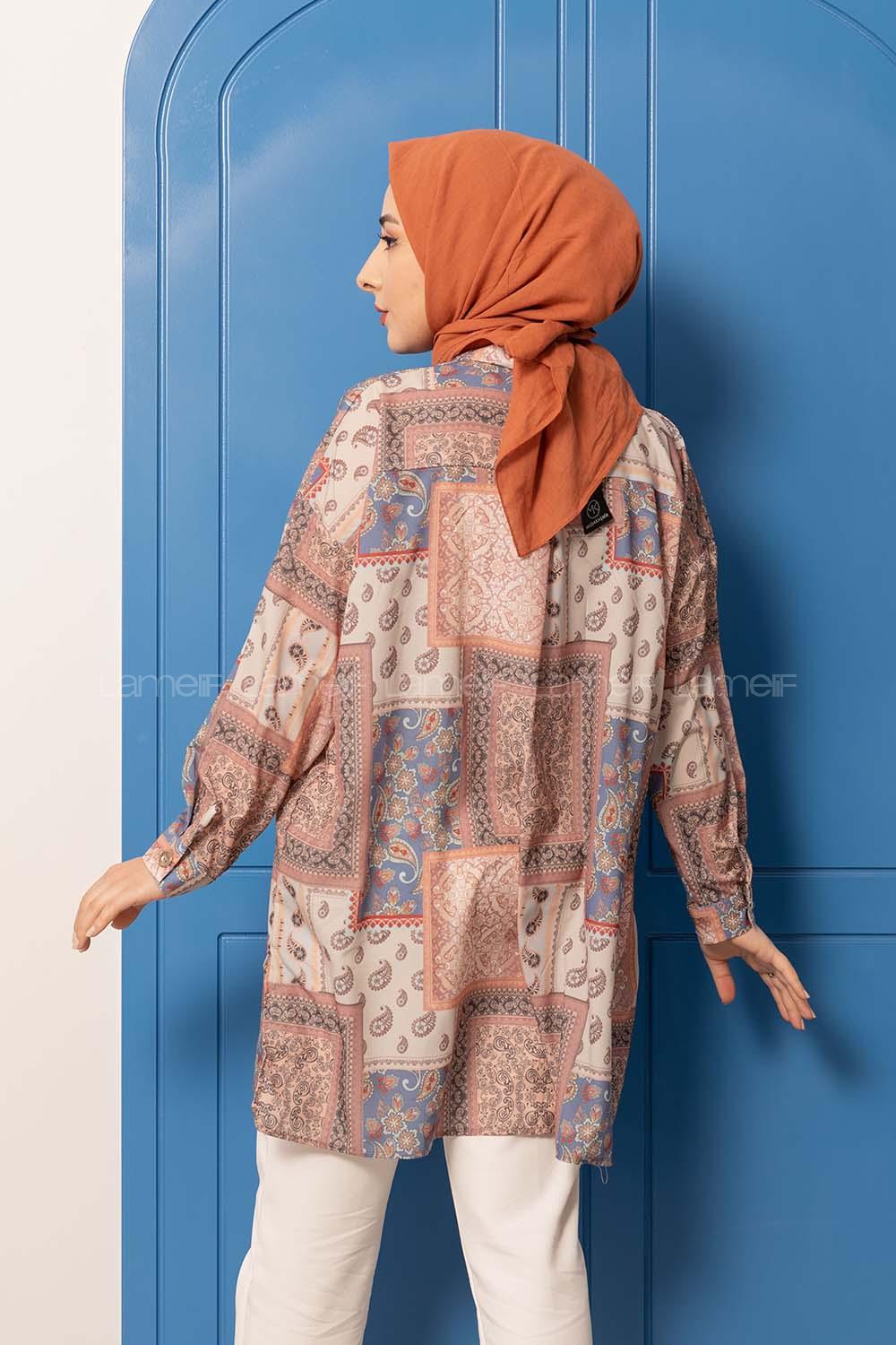 Modalamelif Kilim Desen Dijital Baskı Gömlek Pudra