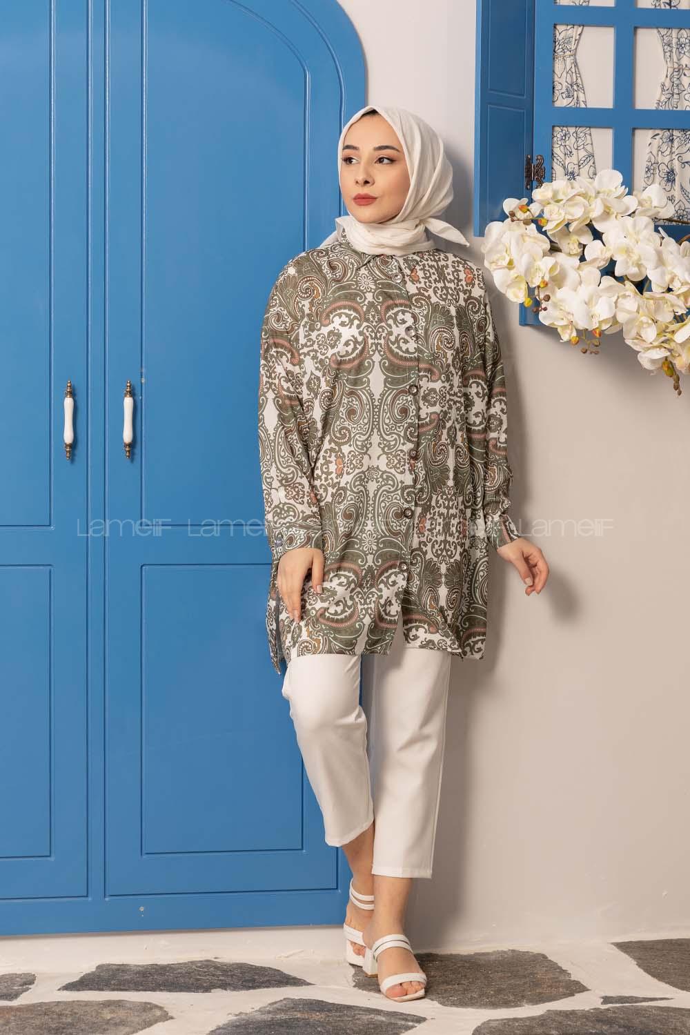 Modalamelif Kilim Desen Dijital Baskı Gömlek Yeşil