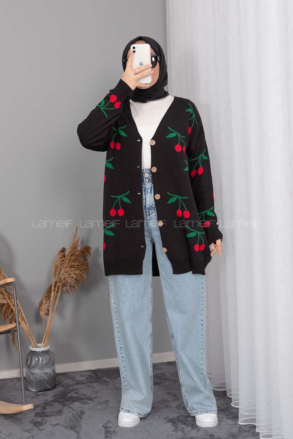 Modalamelif Kiraz Desenli Hırka Siyah