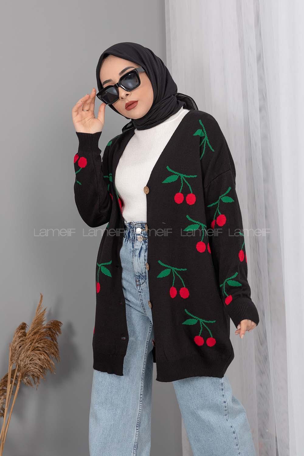 Modalamelif Kiraz Desenli Hırka Siyah