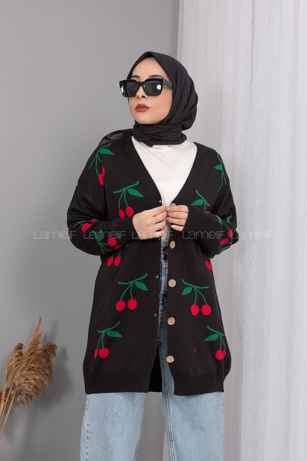 Modalamelif Kiraz Desenli Hırka Siyah