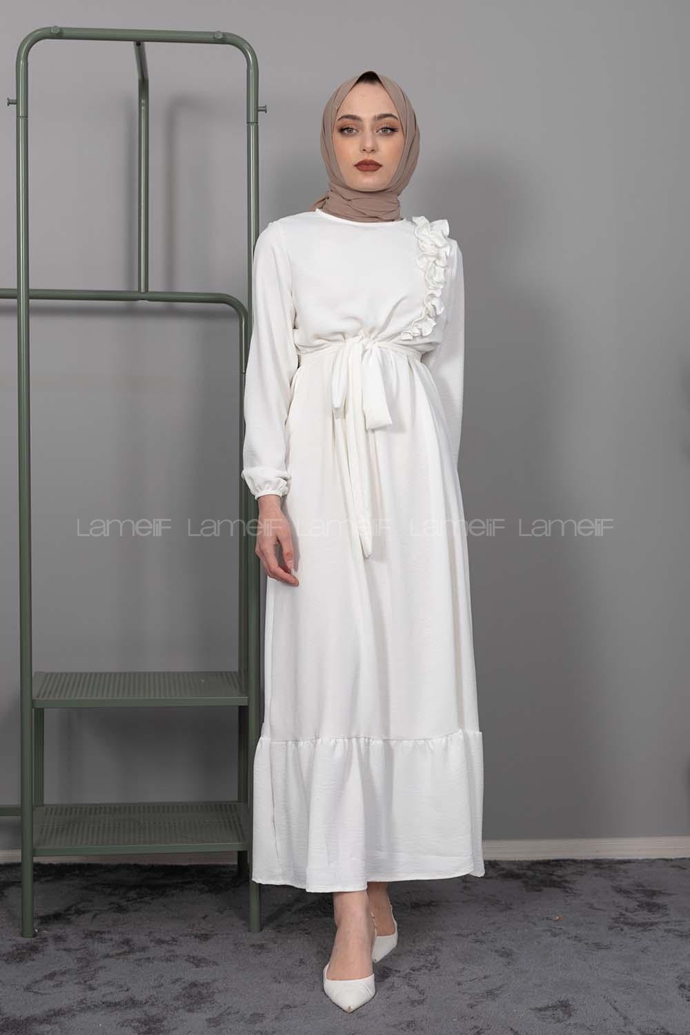 Modalamelif Omuz Fırfırlı Kuşaklı Elbise Ekru