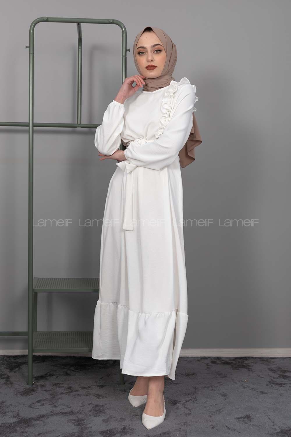 Modalamelif Omuz Fırfırlı Kuşaklı Elbise Ekru