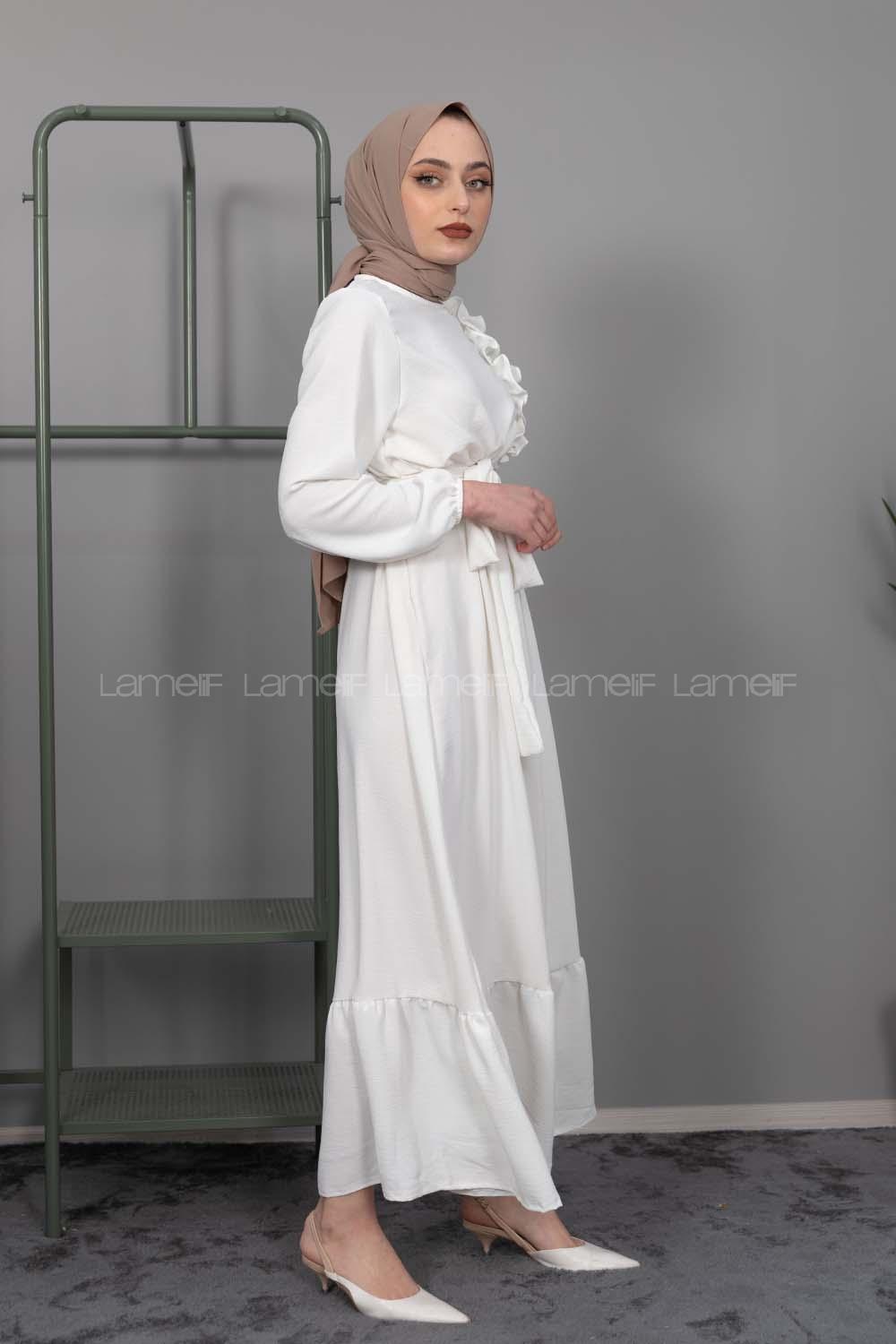 Modalamelif Omuz Fırfırlı Kuşaklı Elbise Ekru