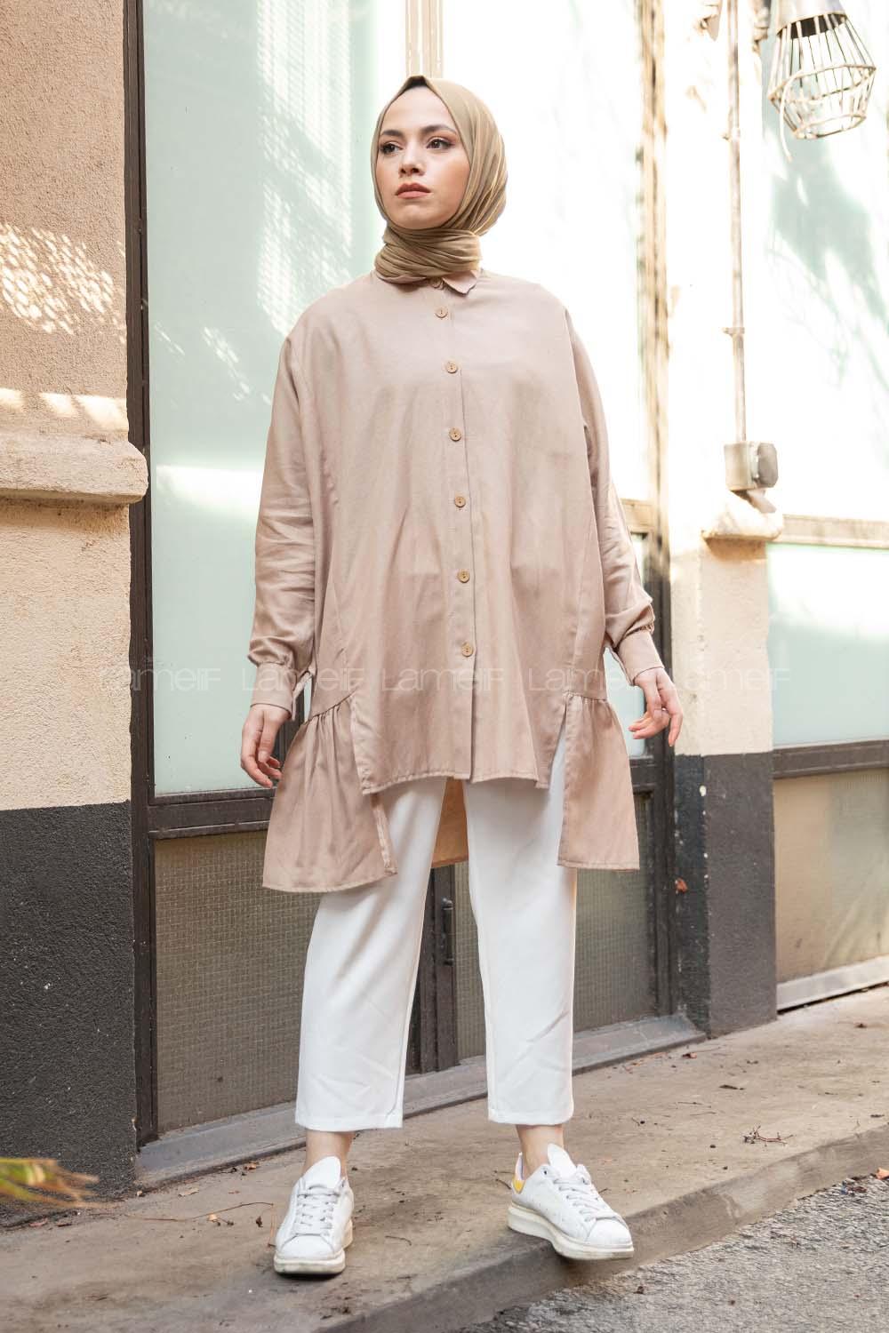 Modalamelif  Önü Düğmeli Oxford Gömlek Vizonrengi