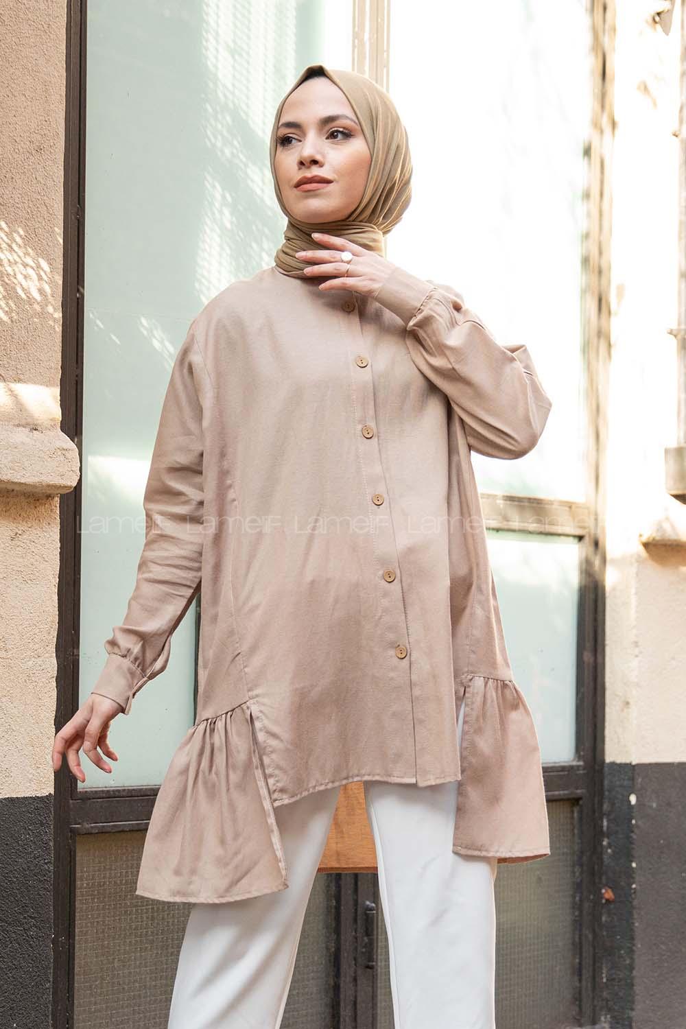 Modalamelif  Önü Düğmeli Oxford Gömlek Vizonrengi