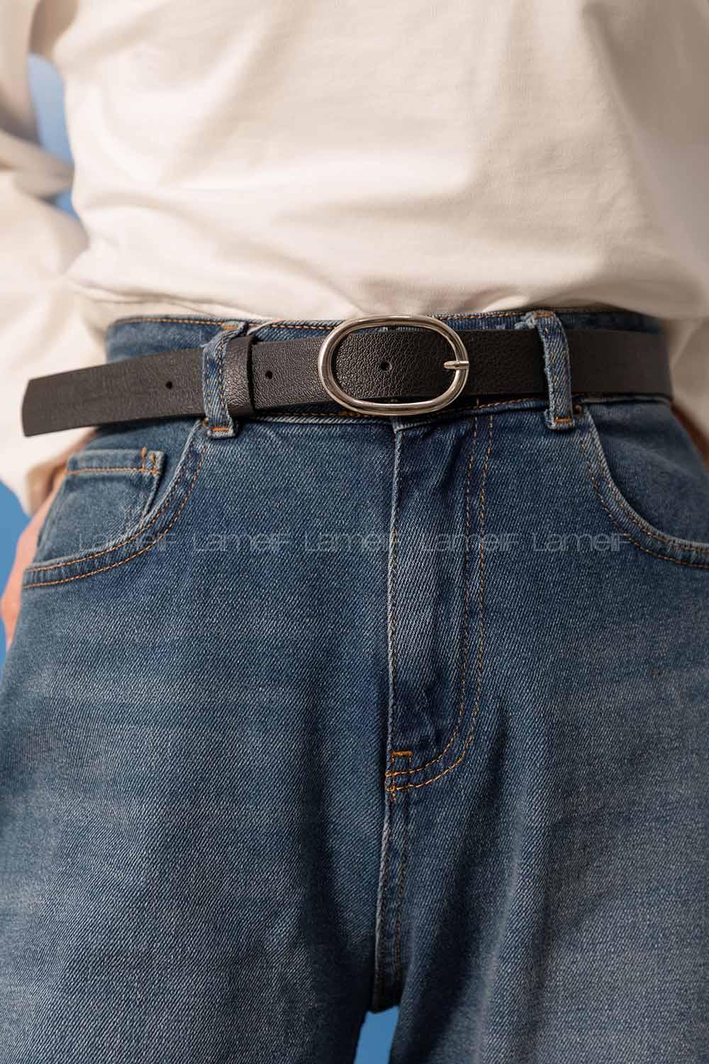 Modalamelif Oval Elips Tokalı Gümüş Kemer Siyah